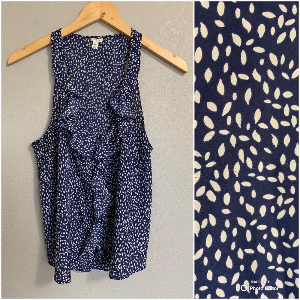 I Love H81 (Forever 21) Sleeveless Ruffle Tank Top Size Medium Blue Printed